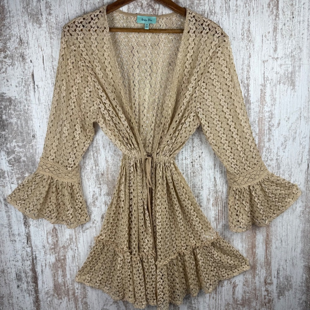 Aruba Blue Gold Metallic Crochet Knit Swim Cover Up Bell Sleeve Drawstring M